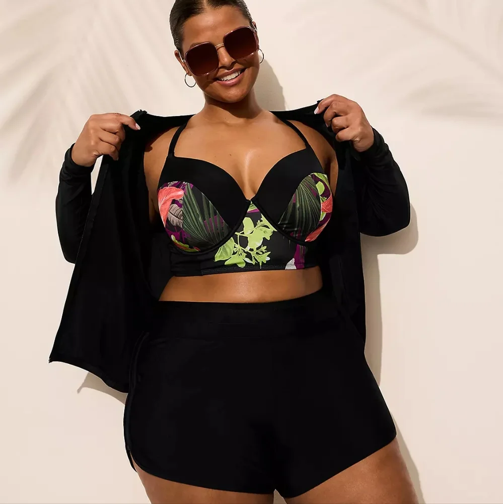 Lane Bryant Cacique Black Full Zip Rashguard Long Sleeve Swim Top Size 24 NWT